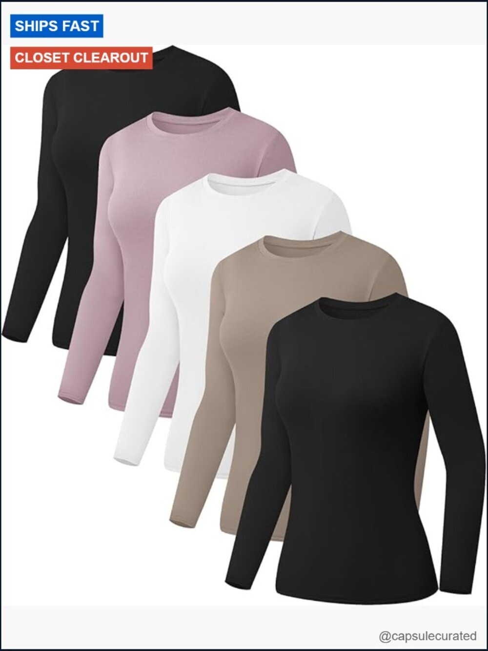 5 Pack Womens Long Sleeve Crew Neck Slim Fit T Shirts Undershirts Baselayer Tops